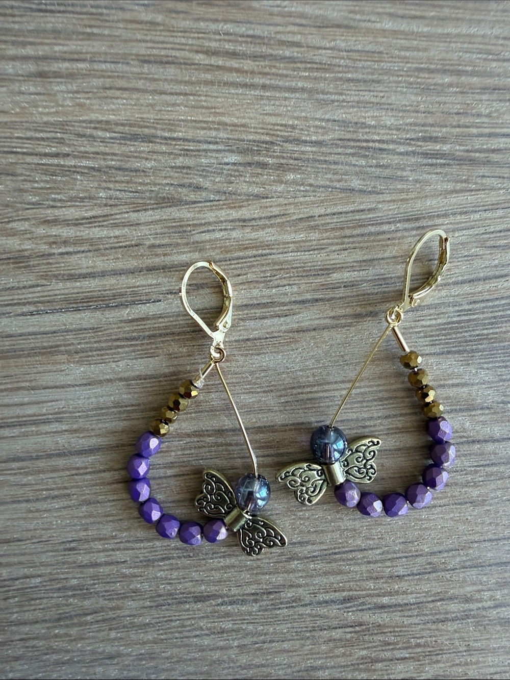 HAND CRAFTED WHIMSIGOTH DRAGONFLY TEARDROPS EARRINGS Purple & Gold Fairycore - Picture 7 of 9